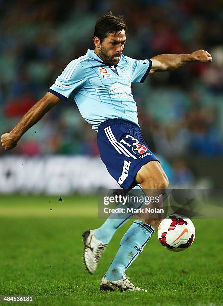 Sasa Ogenovski of Sydney takes a shot at goal during the round 27 A-League match between Sydney FC and Perth Glory at Allianz Stadium on April 13,...