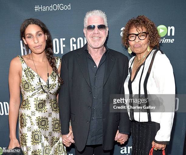 Actors Blake Perlman, Ron Perlman and Opal Perlman attend the Amazon premiere screening for original drama series "Hand Of God" at The Theatre at Ace...