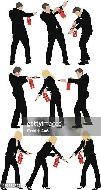 business people using fire extinguisher - using fire extinguisher stock illustrations