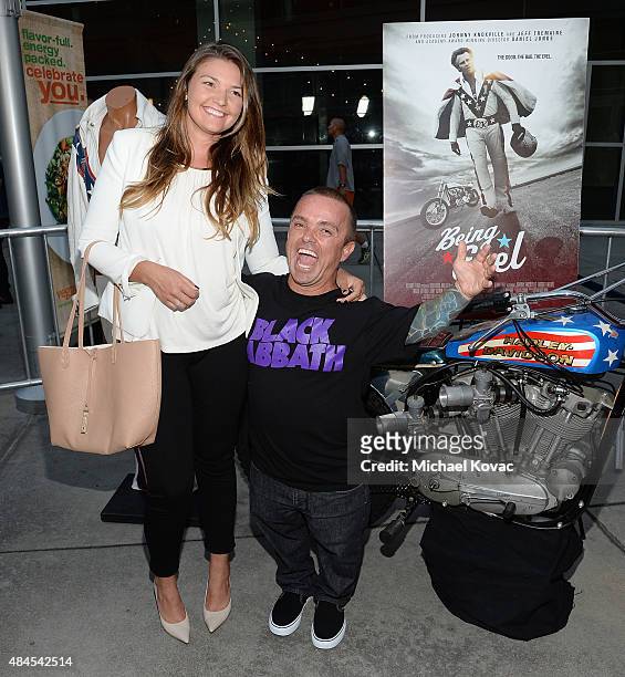 Actor Jason 'Wee Man' Acuna and Brie Aseltine attend the Los Angeles Premiere of "Being Evel" on August 19, 2015 in Los Angeles, California.