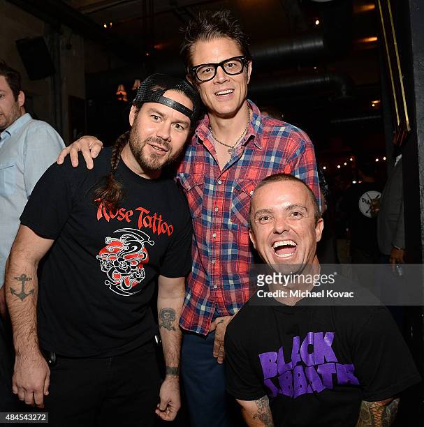 Actors Chris Pontius, Johnny Knoxville, and Jason 'Wee Man' Acuna attend the after party for the Los Angeles Premiere of "Being Evel" on August 19,...