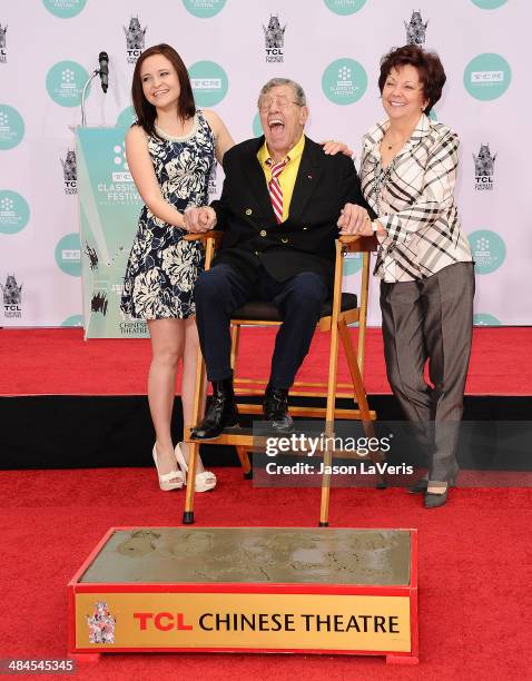 Danielle Sarah Lewis, comedian Jerry Lewis and SanDee Pitnick attend Lewis' Hand And Footprint Ceremony at TCL Chinese Theatre IMAX on April 12, 2014...