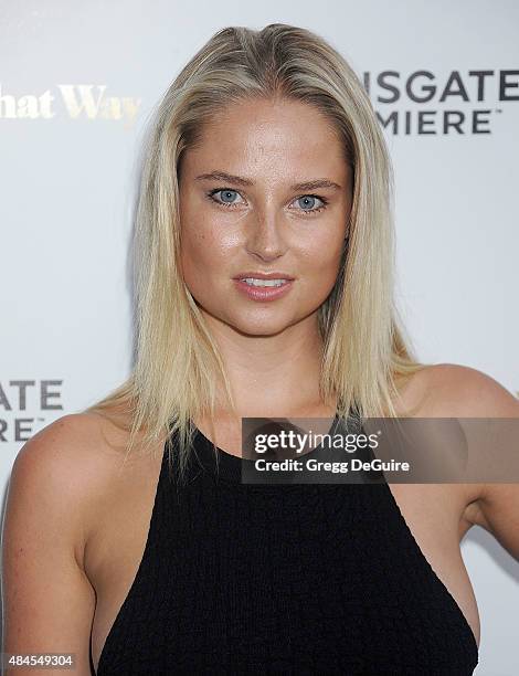 Model Genevieve Morton arrives at the premiere of Lionsgate's "She's Funny That Way" at Harmony Gold on August 19, 2015 in Los Angeles, California.