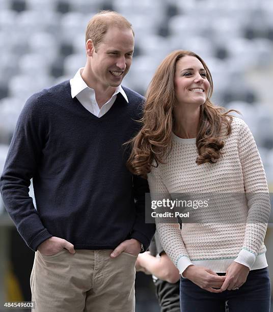 Catherine, Duchess of Cambridge and Prince William, Duke of Cambridge watch 'Rippa Rugby' in the Forstyth Barr Stadium on day 7 of a Royal Tour to...