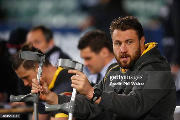 Jeremy Thrush of Wellington on crutches after coming off injured during the round two ITM Cup match between North Harbour and Wellington at QBE...