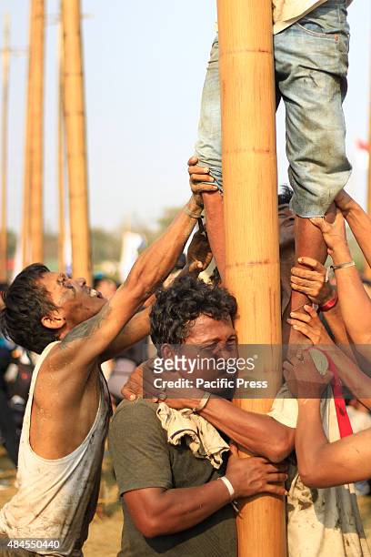 Participants compete for a prize in climbing a greased pole called Panjat Pinang as Indonesians celebrate the 70th National Independence Day....