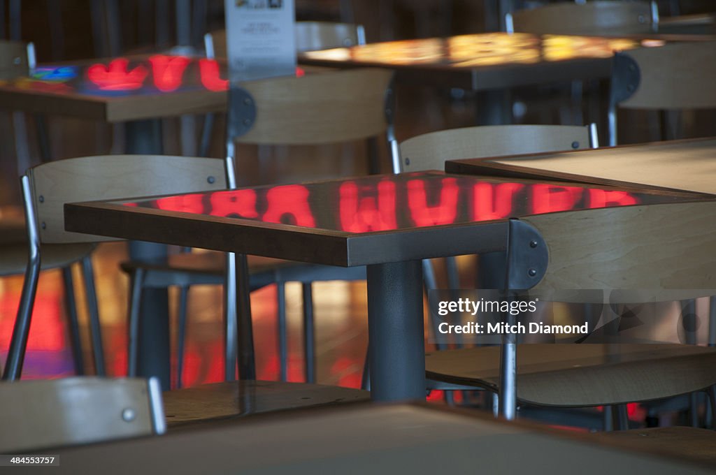 Fast food dining tables and reflections