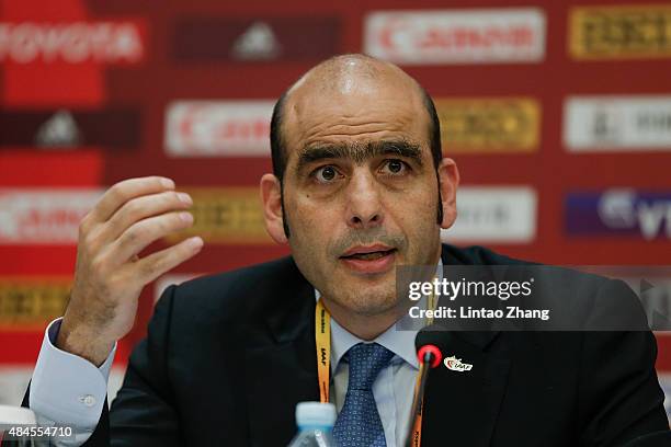 General Secretary Essar Gabriel answers questions from the media during the IAAF World Championships Beijing 2015 press conference at the China...