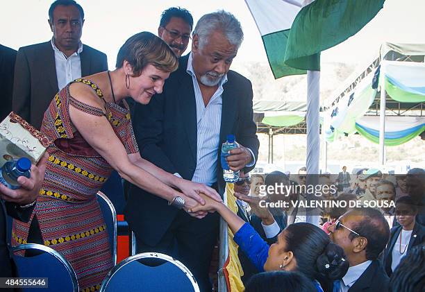 Kirsty Sword Gusmão wife of East Timor's former prime minister Xanana Gusmao greets East Timor's First Lady Isabel da Costa Ferreira while President...