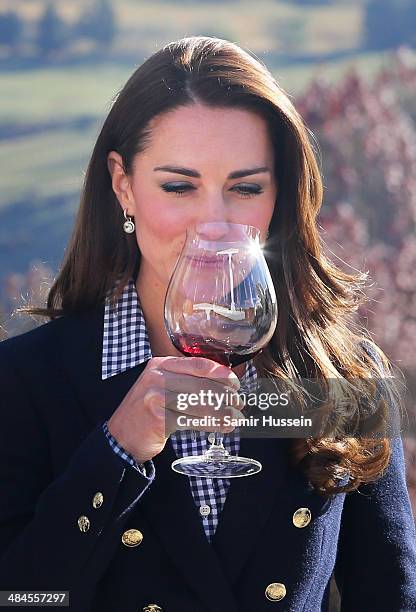Catherine Duchess of Cambridge samples red wine as the visit Otago Wines at Amisfield winery on April 13, 2014 in Queenstown, New Zealand. The Duke...