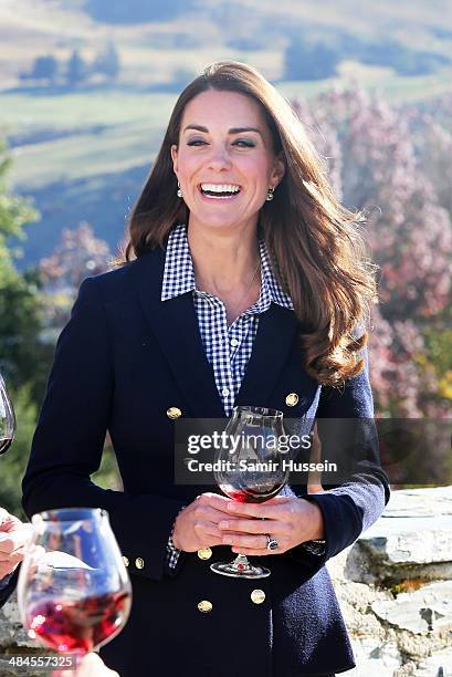 Catherine Duchess of Cambridge samples red wine as the visit Otago Wines at Amisfield winery on April 13, 2014 in Queenstown, New Zealand. The Duke...