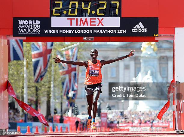 Wilson Kipsang of Kenya crosses the finish line to win the men's elite race at the Virgin London Marathon on April 13, 2014 in London, England.