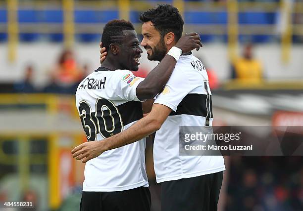 Raffaele Palladino of Parma FC celebrates his goal with his team-mate Afriyie Acquah during the Serie A match between Bologna FC and Parma FC at...