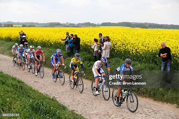 Andreas Schillinger of Germany and Team NetApp - Endura leads the breakaway over the cobbles during the 2014 Paris - Roubaix race from Compiegne to...