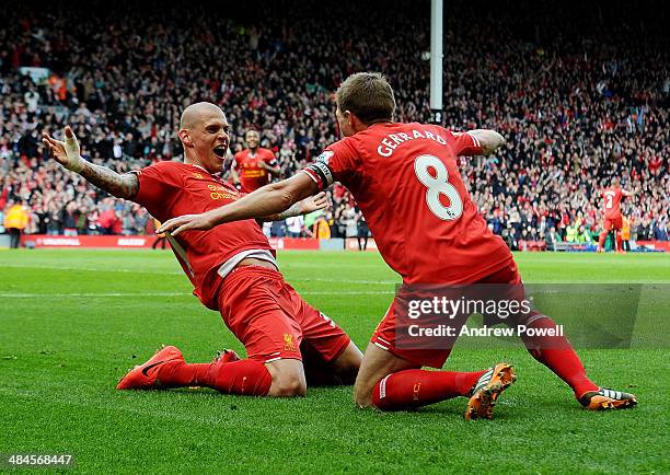 Martin Skrtel of Liverpool celebrates his goal during the Barclays Premier Leuage match between Liverpool and Manchester City at Anfield on April 13,...