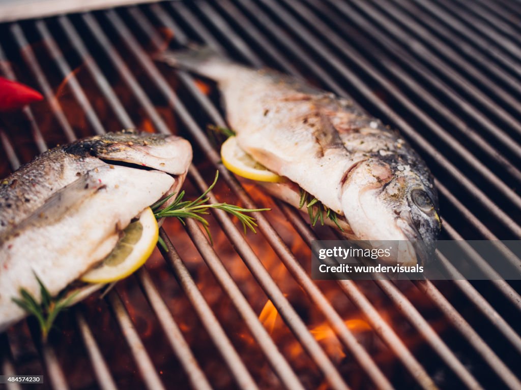 Fish grilling on a barbecue with lemon slices and rosemary