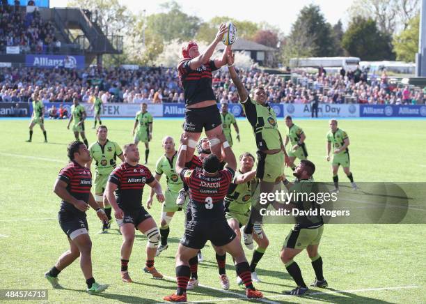 Mouritz Botha of Saracens wins the lineout ball during the Aviva Premiership match between Saracens and Northampton Saints at Allianz Park on April...
