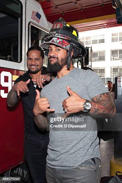 Professional wrestler Jimmy Uso attends WWE Answer The Call Tour Visits Engine 39/Ladder 16 on August 20, 2015 in New York City.