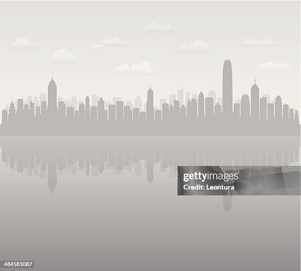 grey hong kong (complete, moveable, detailed buildings) - hong kong harbour stock illustrations