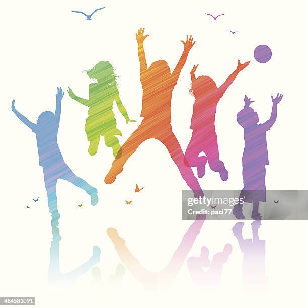 happy children jumping - children playing silhouette stock illustrations