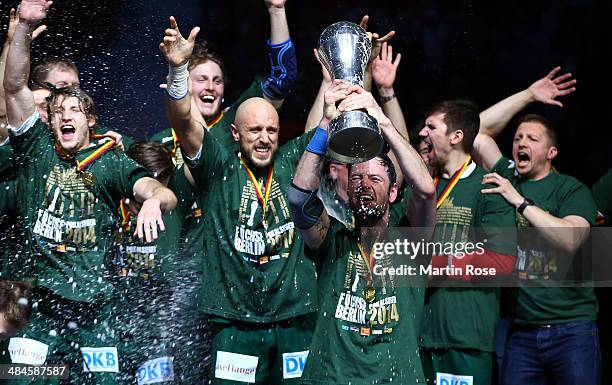 Iker Romero of Berlin celebrate with his team mates afer winning the DHB Pokal handball final match between Flensburg Handewitt and Fuechse Berlin at...