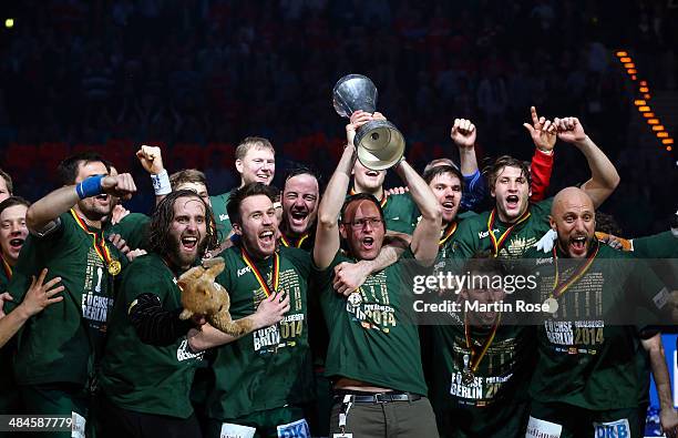 Iker Romero of Berlin celebrate with his team mates afer winning the DHB Pokal handball final match between Flensburg Handewitt and Fuechse Berlin at...