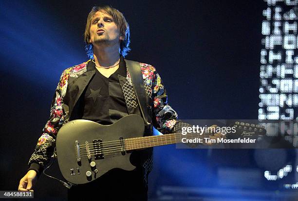 Matthew Bellamy of Muse performs as part of the Coachella Valley Music and Arts Festival at The Empire Polo Club on April 12, 2014 in Indio,...