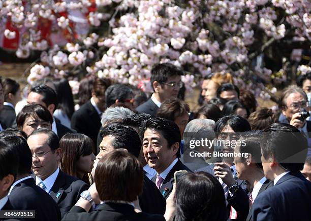 Shinzo Abe, Japan's prime minister, center, is surrounded by guest attendees during a cherry blossom viewing party at Shinjuku Gyoen National Garden...