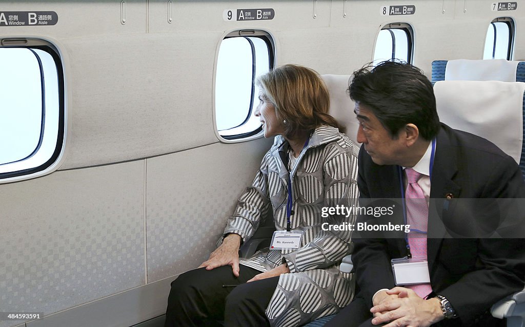 Japanese Prime Minister Shinzo Abe Rides On Central Japan Railway Co. Maglev Train
