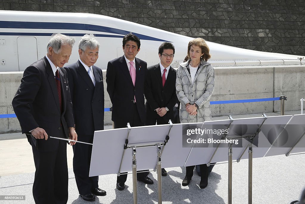 Japanese Prime Minister Shinzo Abe Rides On Central Japan Railway Co. Maglev Train