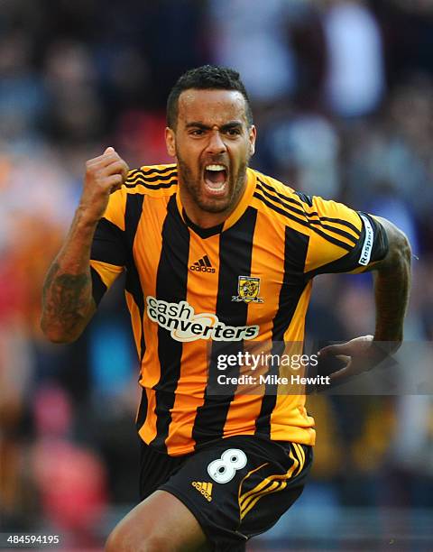 Tom Huddlestone of Hull City celebrates scoring their third goal during the FA Cup with Budweiser semi-final match between Hull City and Sheffield...