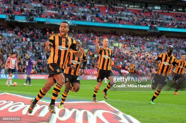 Tom Huddlestone of Hull City celebrates scoring their third goal during the FA Cup with Budweiser semi-final match between Hull City and Sheffield...