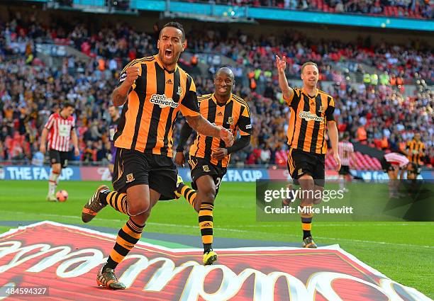 Tom Huddlestone of Hull City celebrates scoring their third goal during the FA Cup with Budweiser semi-final match between Hull City and Sheffield...