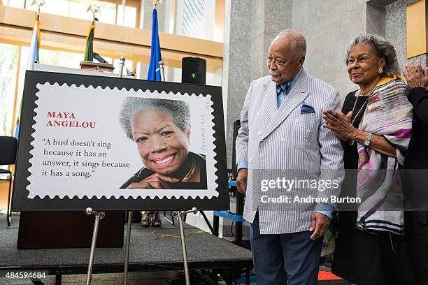 Former New York City Mayor David Dinkins and Rachel Robinson, widow of Jackie Robinson, the first black Major League Baseball player, help unveil the...