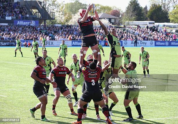 Mouritz Botha of Saracens wins the lineout ball during the Aviva Premiership match between Saracens and Northampton Saints at Allianz Park on April...