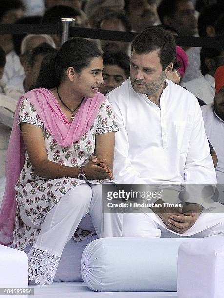 Congress Vice President Rahul Gandhi with his niece Miraya Vadra during a remembrance ceremony for the 71st birth anniversary of the former Indian...