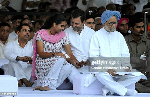 Congress Vice President Rahul Gandhi with his niece Miraya Vadra during a remembrance ceremony for the 71st birth anniversary of the former Indian...