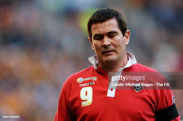 Sheffield United manager Nigel Clough reacts during the FA Cup Semi-Final match between Hull City and Sheffield United at Wembley Stadium on April...