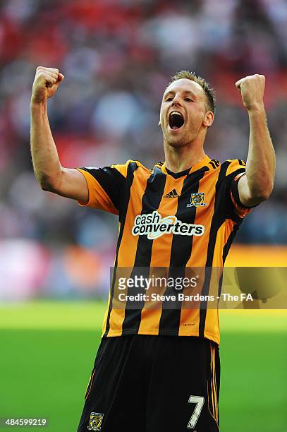 David Meyler of Hull City celebrates their victory after the FA Cup Semi-Final match between Hull City and Sheffield United at Wembley Stadium on...