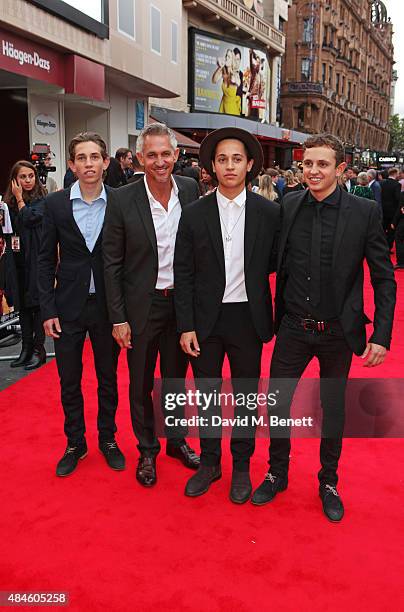 Gary Lineker and sons Angus Lineker, Tobias Lineker and George Lineker attend the World Premiere of "The Bad Education Movie" at Vue West End on...