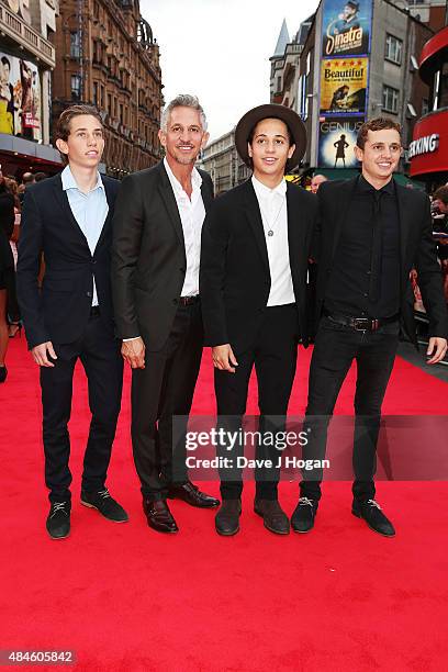 Gary Lineker and sons Angus Lineker, Tobias Lineker and George Lineker attend the World Premiere of "The Bad Education Movie" at Vue West End on...