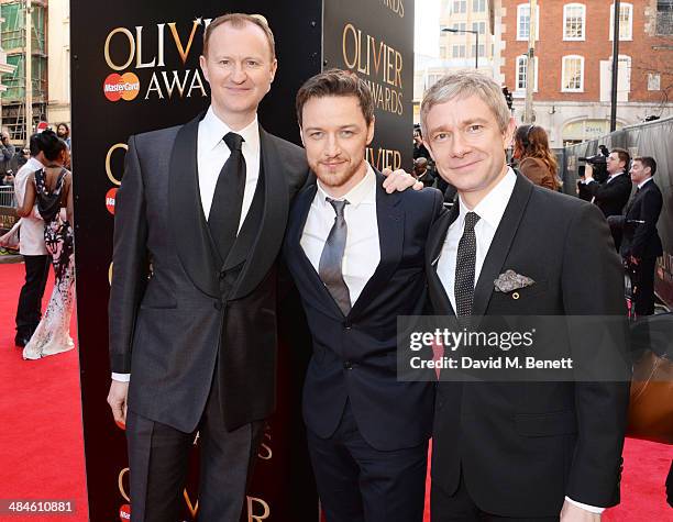 Mark Gatiss, James McAvoy and Martin Freeman attend the Laurence Olivier Awards at The Royal Opera House on April 13, 2014 in London, England.