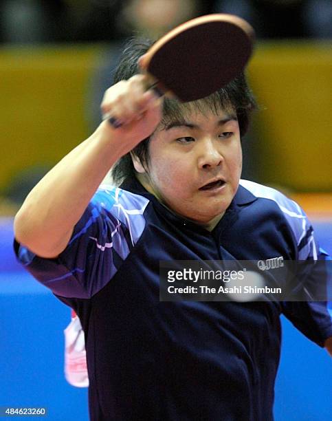 Seiya Kishikawa competes in the Men's Singles final against Jun Mizutani during the Japan Top 12 at Yoyogi National Gymnasium on February 11, 2009 in...
