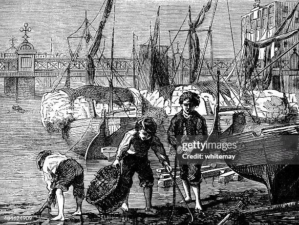 stockillustraties, clipart, cartoons en iconen met victorian mudlarks on the thames foreshore at low tide - scavenging