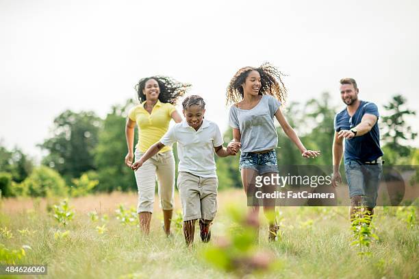 family chasing each other - family greenery bildbanksfoton och bilder