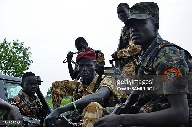 South Sudanese SPLA soldiers are pictured in Pageri in Eastern Equatoria state on August 20, 2015. The spokesman of SPLA, Colonel Philip Aguer...