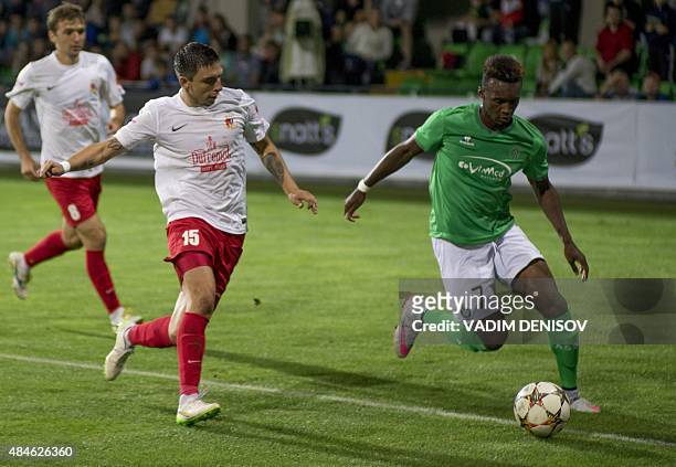 Milsami Orhei's defender Denis Rassulov vies with Saint-Etienne's forward Jean-Christophe Bahebeck during the UEFA Europa League playoff first leg...