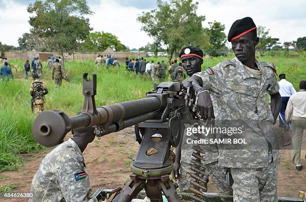South Sudanese SPLA soldiers are pictured in Pageri in Eastern Equatoria state on August 20, 2015. The spokesman of SPLA, Colonel Philip Aguer...