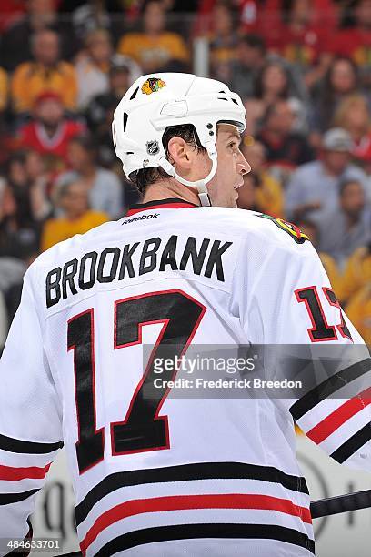 Sheldon Brookbank of the Chicago Blackhawks skates against the Nashville Predators at Bridgestone Arena on April 12, 2014 in Nashville, Tennessee.