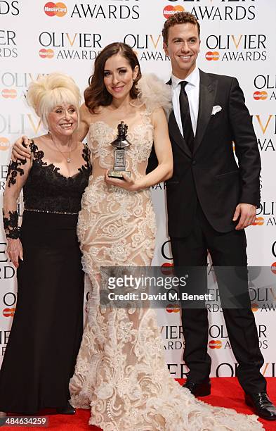 Barbara Windsor, Zrinka Cvitesic, winner of the Best Actress in a Musical award for "Once", and Richard Fleeshman pose in the press room at the...